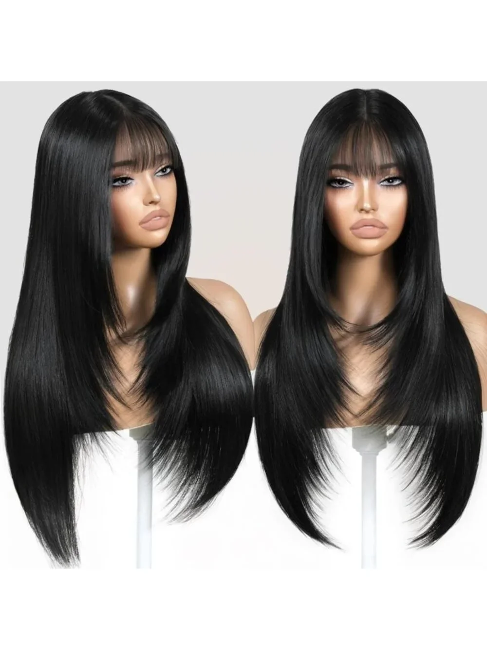 Chic Long Black Wig with Bangs | Straight Layered Style for Women’s Fashion